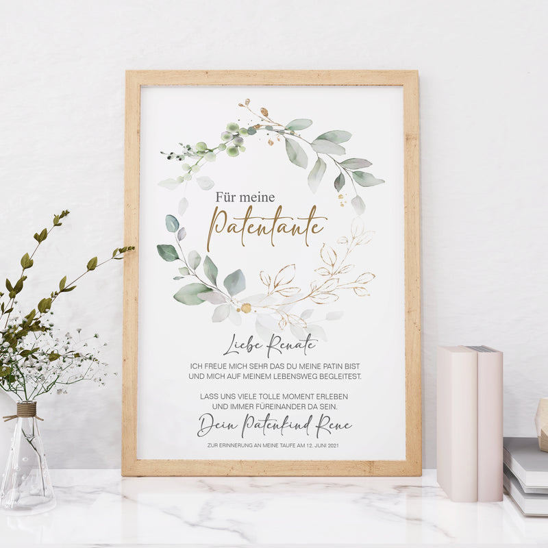PATENBRIEF Eukalyptus Kranz personalisiert als Geschenk zur Taufe, Paten, Patentante, Patenonkel, Poster, Patenkind, Taufbrief,