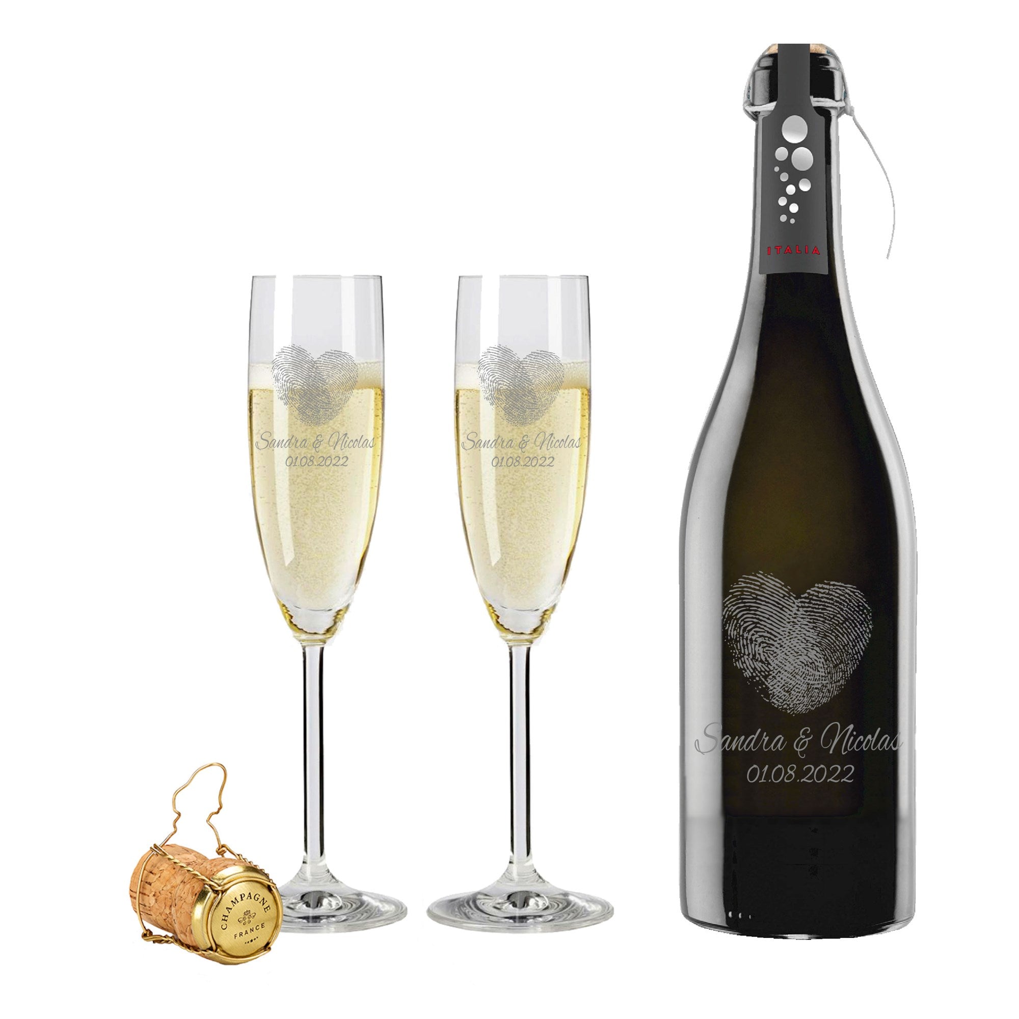 2 Leonardo Sektgläser mit Prosecco und Gravur "Fingerprints"