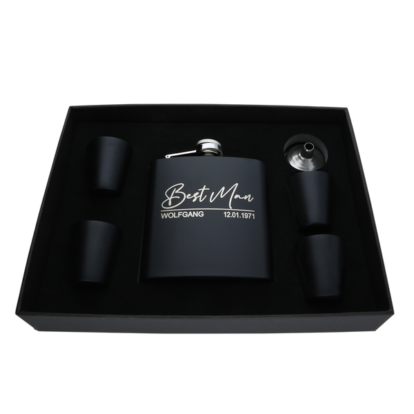 FORYOU24 Edelstahl Flachmann mit Gravur Set Matt-Schwarz mit Wunsch-Gravur Best Man 4 Becher, Trichter und Geschenkverpackung graviert mit Name Geschenkidee