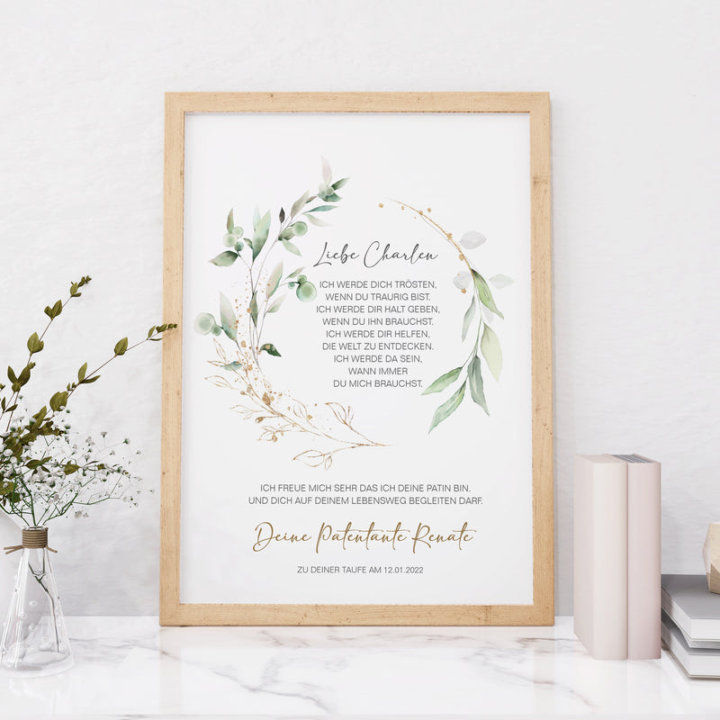 PATENBRIEF Eukalyptus Gold personalisiert als Geschenk zur Taufe, Paten, Patentante, Patenonkel, Poster, Patenkind, Taufbrief