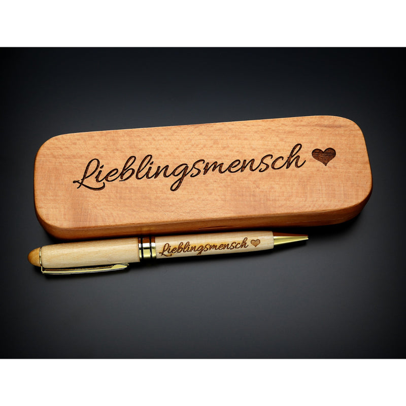 Holz-Kugelschreiber mit Gravur "Lieblingsmensch" in Geschenk-Schachtel