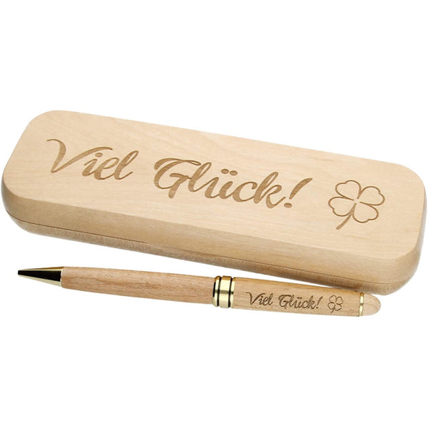Holz-Kugelschreiber mit Gravur "Viel Glück" in Geschenk-Schachtel