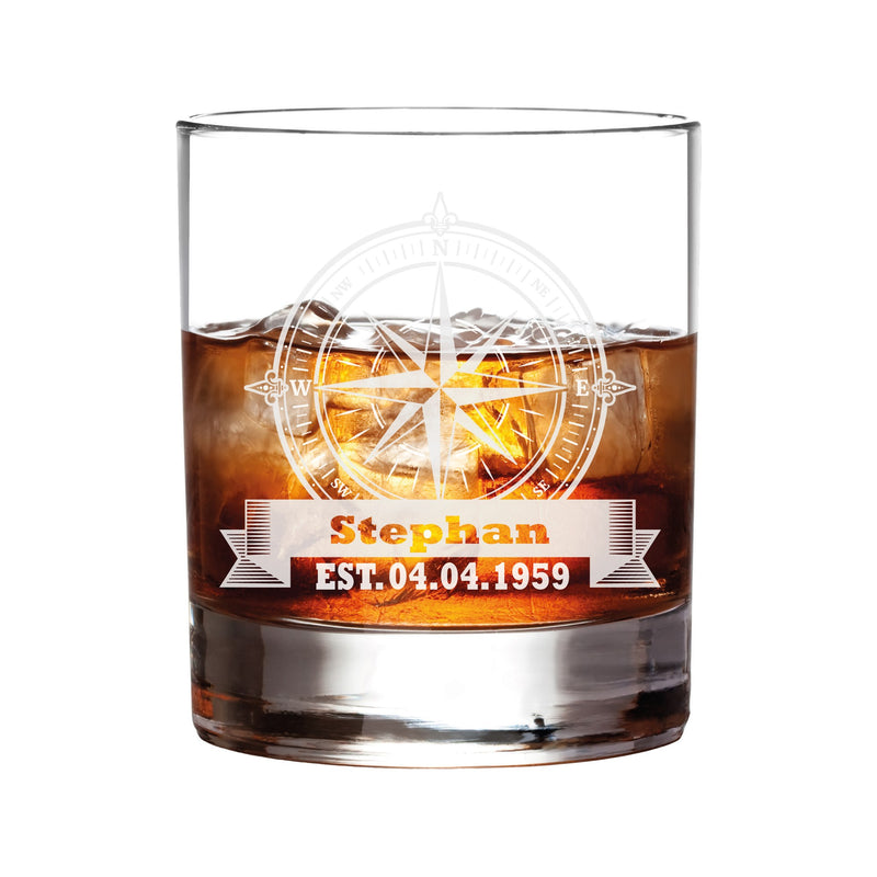 Whiskeykaraffe im Globus Design + Whiskeyglas mit Gravur