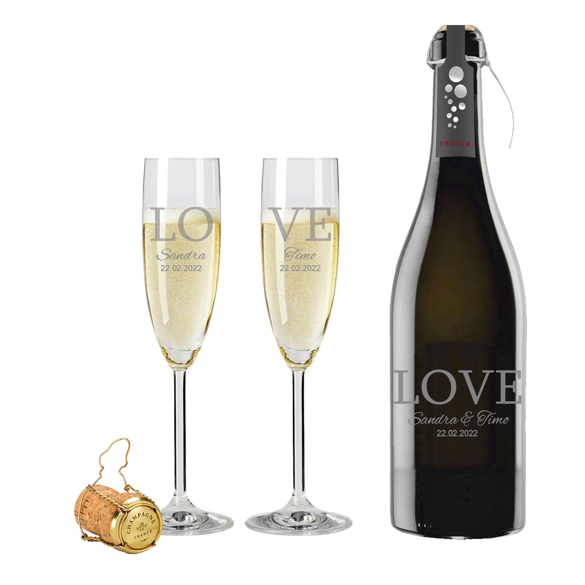 2 Leonardo Sektgläser mit Prosecco und Gravur "Love"