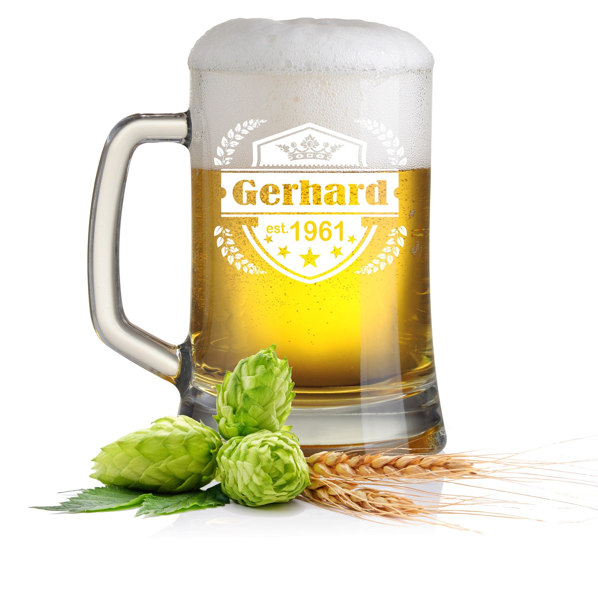 Bierkrug mit Gravur Emblem