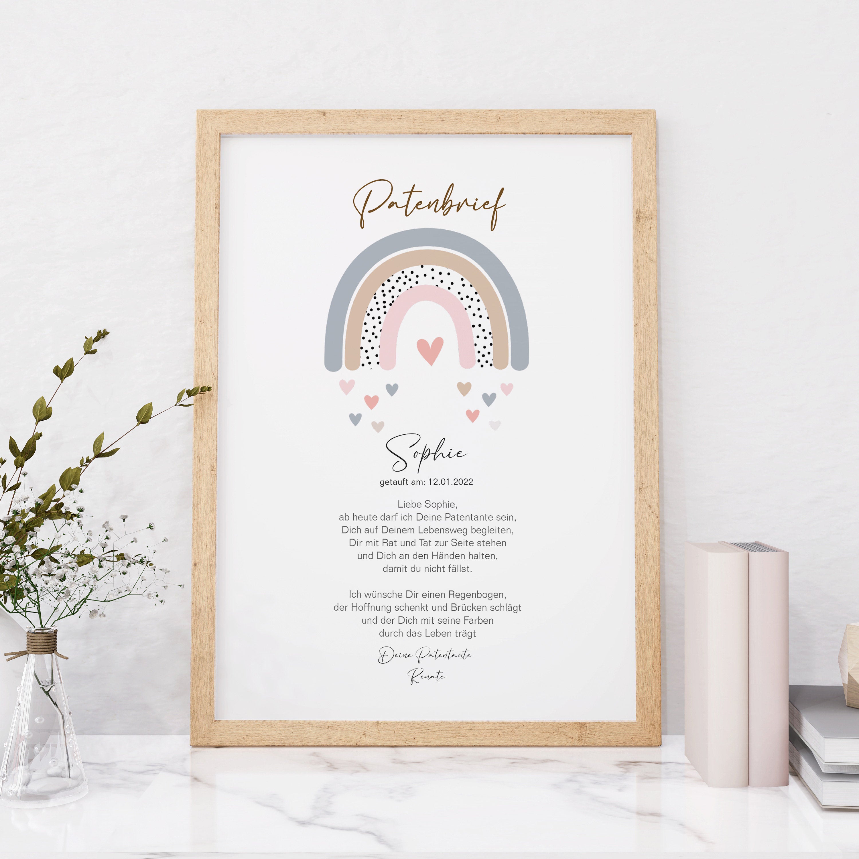 PATENBRIEF Regenbogen personalisiert als Geschenk zur Taufe, Paten, Patentante, Patenonkel, Poster, Patenkind, Taufbrief