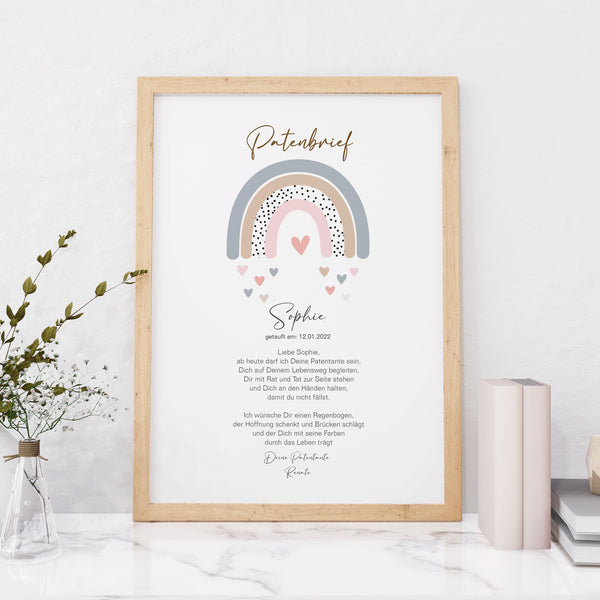 PATENBRIEF Regenbogen personalisiert als Geschenk zur Taufe, Paten, Patentante, Patenonkel, Poster, Patenkind, Taufbrief