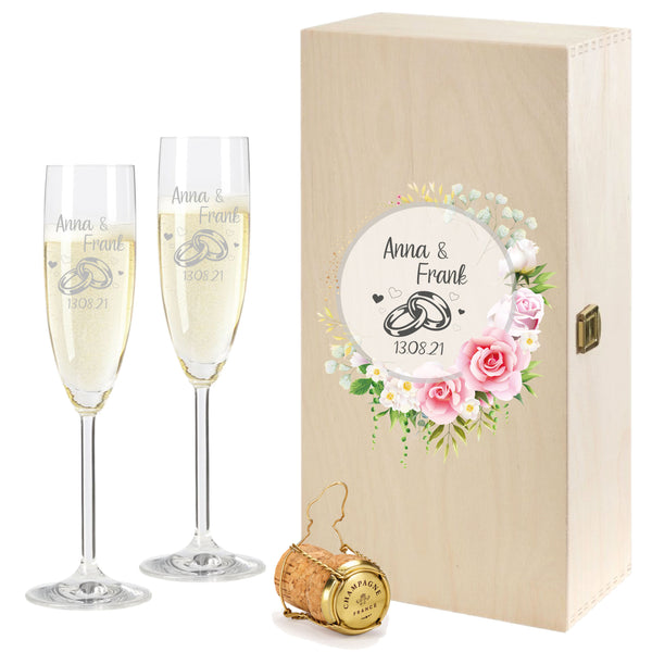 2 Leonardo Sektgläser mit Geschenkbox und Gravur Rose Ringe