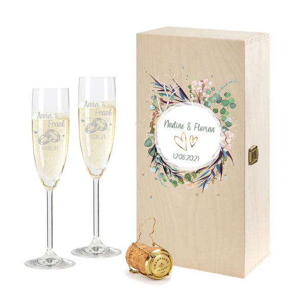 2 Leonardo Sektgläser mit Geschenkbox und Gravur Flower Ringe