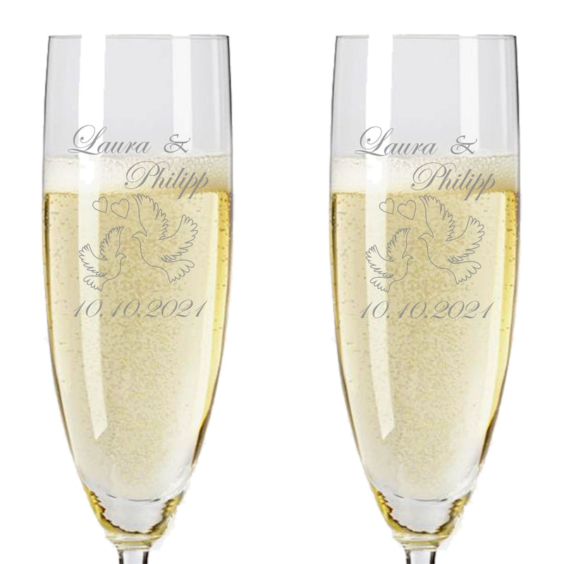 2 Leonardo Sektgläser mit Prosecco und Gravur "Tauben"