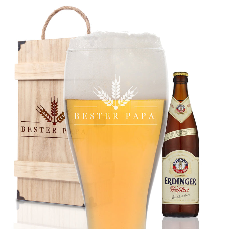 Premium Bierbox mit Leonardo Weizenglas Gravur Bester Papa und Weizenbierflasche