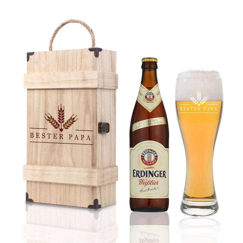 Premium Bierbox mit Leonardo Weizenglas Gravur Bester Papa und Weizenbierflasche
