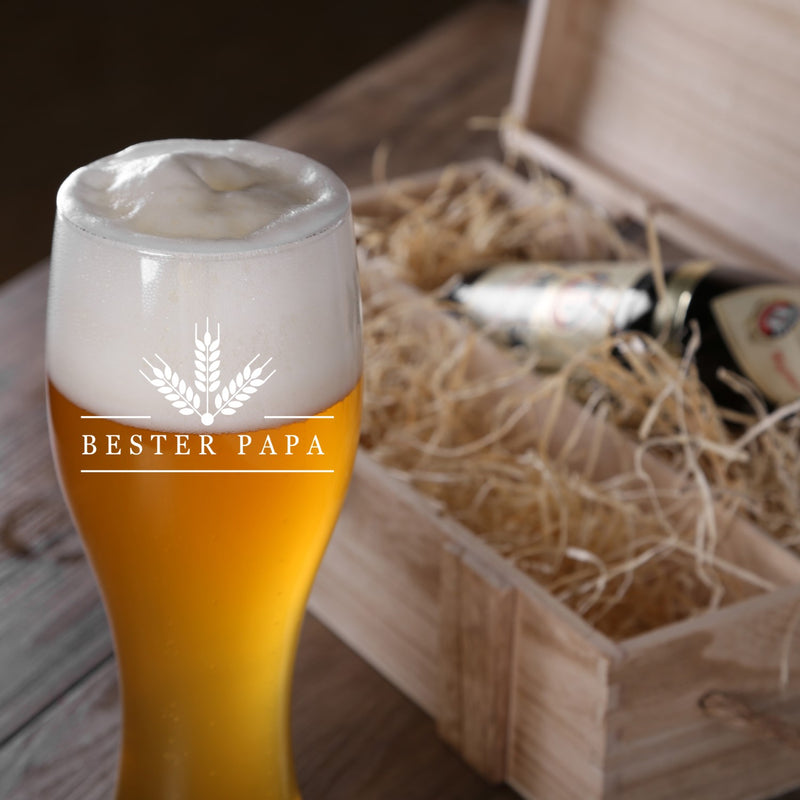 Premium Bierbox mit Leonardo Weizenglas Gravur Bester Papa und Weizenbierflasche