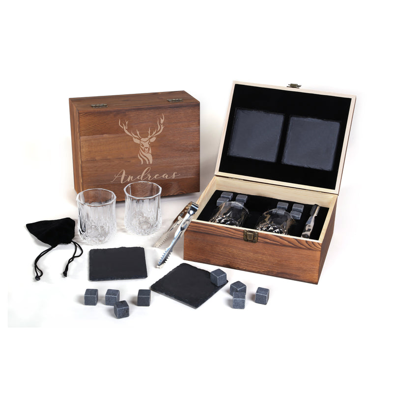 2 Whiskygläser in Geschenkbox mit Gravur Motiv Hirsch