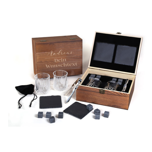 2 Whiskygläser in Geschenkbox mit Gravur Motiv Wunschname