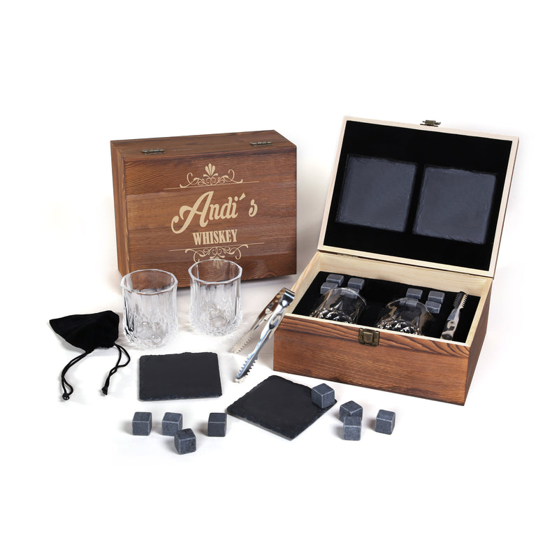 2 Whiskygläser in Geschenkbox mit Gravur Motiv Tribal