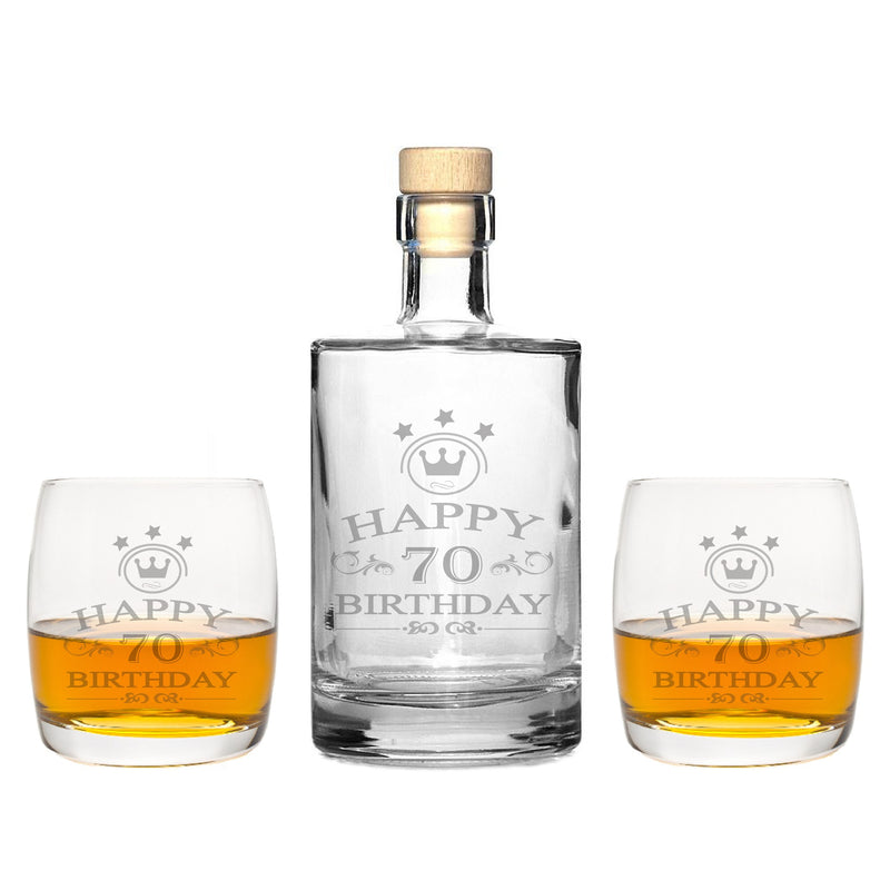 2 Edle Whiskey-Gläser mit Whiskeykaraffe Gravur "70 Jahre"